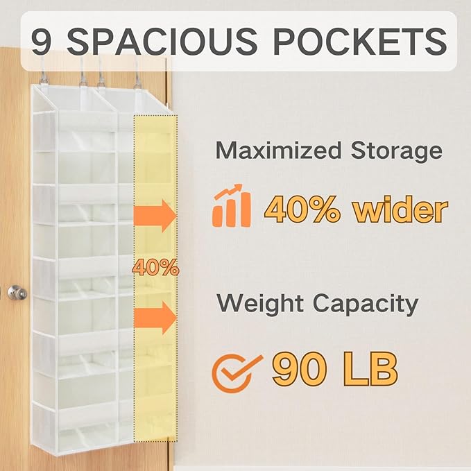 Over The Door Organizer with 5 Shelves, 9 Compartment + 10 Side Pocket, Sturdy Oxford Cloth, Supports 90 lbs, Heavy-Duty Behind the Door Hanging Closet Organizer and Storage for Room Essentials, White