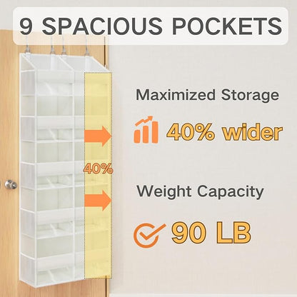 Over The Door Organizer with 5 Shelves, 9 Compartment + 10 Side Pocket, Sturdy Oxford Cloth, Supports 90 lbs, Heavy-Duty Behind the Door Hanging Closet Organizer and Storage for Room Essentials, White