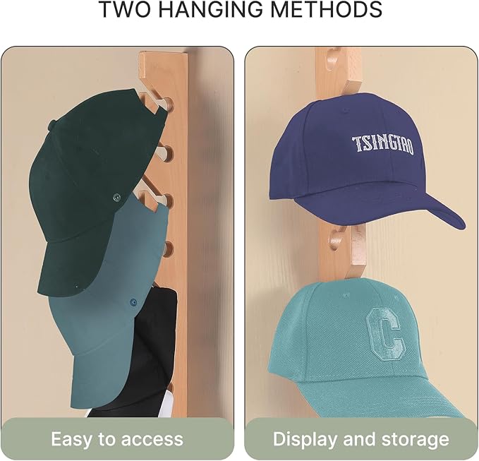 Solid Wood Hat Rack for Wall (2 Pack) - 20 Baseball Cap Organizer - Premium Beech Hat Holder & Vertical Display - Heavy Duty Hat Hangers for Closet, Door, Mens Room Decor (Natural)
