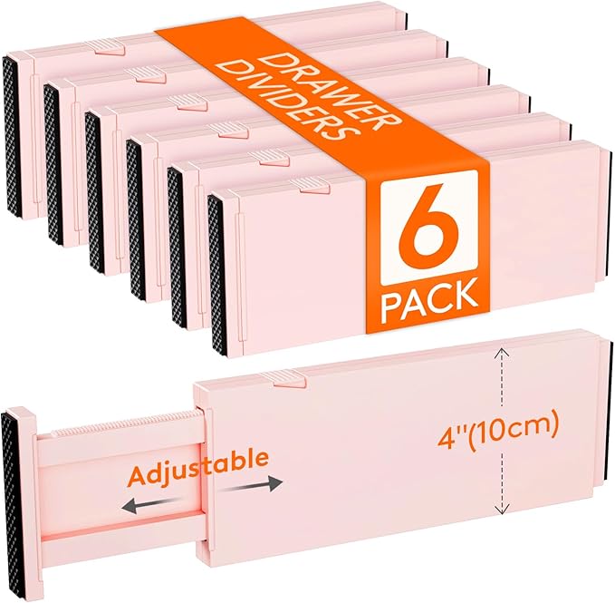 Lifewit 6 Pack Drawer Dividers 4" High 28-43.5cm/11-17" Adjustable Drawer Organizer for Clothes/Utensils, Expandable Drawer Separator in Dresser/Kitchen/Bedroom/Office Organization & Storage Pink