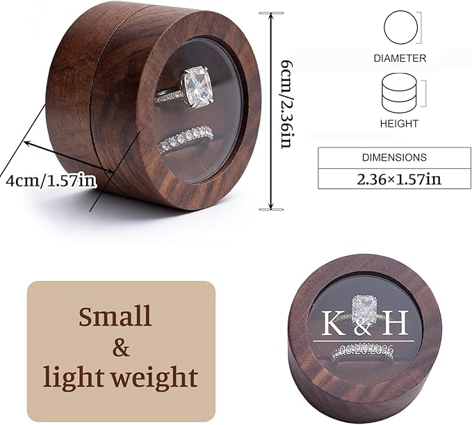 Personalized Ring Box Wedding Day（1-2 slots, Wooden Small Ring Boxes Holder, FREE Custom Name Clear Acrylic Cover, Elegant Round Rings Case for Wedding, Engagement Proposal,Ceremony
