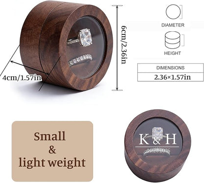 Personalized Ring Box Wedding Day（1-2 slots, Wooden Small Ring Boxes Holder, FREE Custom Name Clear Acrylic Cover, Elegant Round Rings Case for Wedding, Engagement Proposal,Ceremony