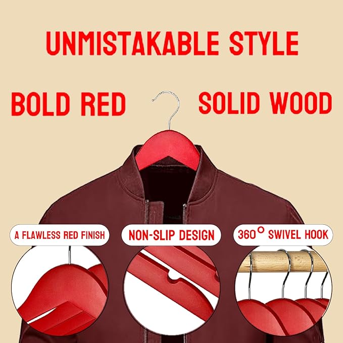Passionate Red Wooden Hangers 20 Pack for Adults Heavy Duty Non-Slip Clothes Hangers, Colorful Wood Hangers Pack of 20 Sturdy Coat Hangers for Men Women Shirts Pants Coats Assorted Colors (RED)