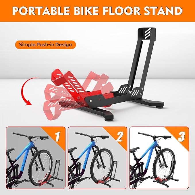 ALIXUEQIN Bike Stand Floor, Portable Bike Storage for Garage - Fit for 24"-29" Bikes, Tire Width up to 3.5", Road & Mountain Bicycle Stand, Front and Rear Wheel Parking Rack - Red