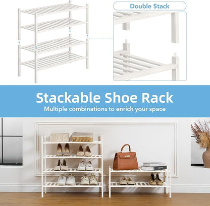2 Tier Bamboo Shoe Rack Storage Organizer for Closet, Multifunctional Stackable Free Standing Shoe Shelf Organizer for Small Space,Entryway, Hallway, Bathroom27 x11 x13 (White, 2 Tier)