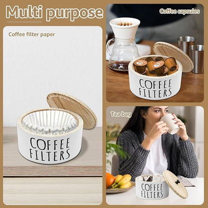 Coffee Filter Holder - Wooden Coffee Storage Container with Lid, Multipurpose Filter Dispenser, Sturdy Coffee Pod Organizer for Bar Counter Decor (White)