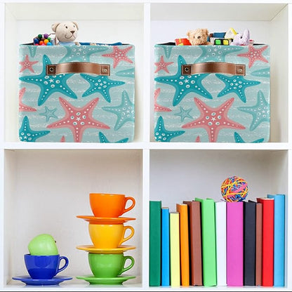 Bolaz Large Storage Basket Nautical Ocean Starfish Foldable Storage Box Organizer Bins with Handles for Bedroom Home Office
