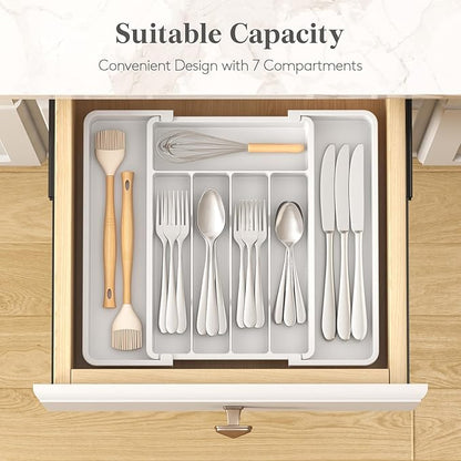 Lifewit Silverware Drawer Organizer, Expandable Utensil Tray for Kitchen, BPA Free Flatware and Cutlery Holder, Adjustable Plastic Storage for Spoons Forks Knives, 8.5-14 x 12", White