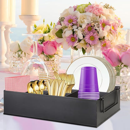 NelyBet Paper Plate Dispenser Holders Utensil Caddy for Countertop,Outdoor Silverware Caddy, Picnic and Camping Utensil Holder, Flatware Organize with Handle for Party Gatherings, Metal (Black)