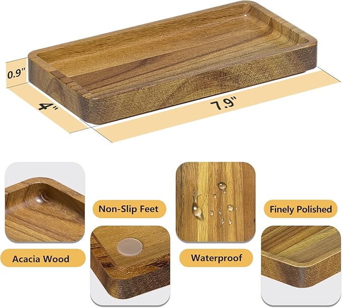 WEENSON Small Acacia Wood Bathroom Vanity Tray for Soap Dispenser, Toiletries, Makeup, Perfume, Decor, Kitchen Tray for Counter Salt Spice, Toilet Tank Tray for Candle, Nightstand 7.9"x4"