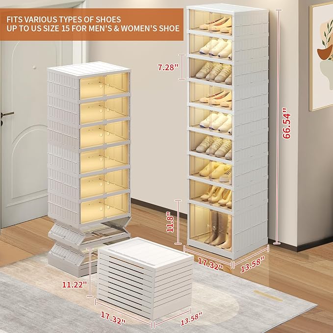 EHAMILY 9 Tier Foldable Shoe Rack Organizer for Closet 18-36Pairs Plastic Collapsible Shoe Racks Shelf Stackable Clear Folding Shoes Storage boxes for Small Spaces Narrow Shoe Storage Cabinet