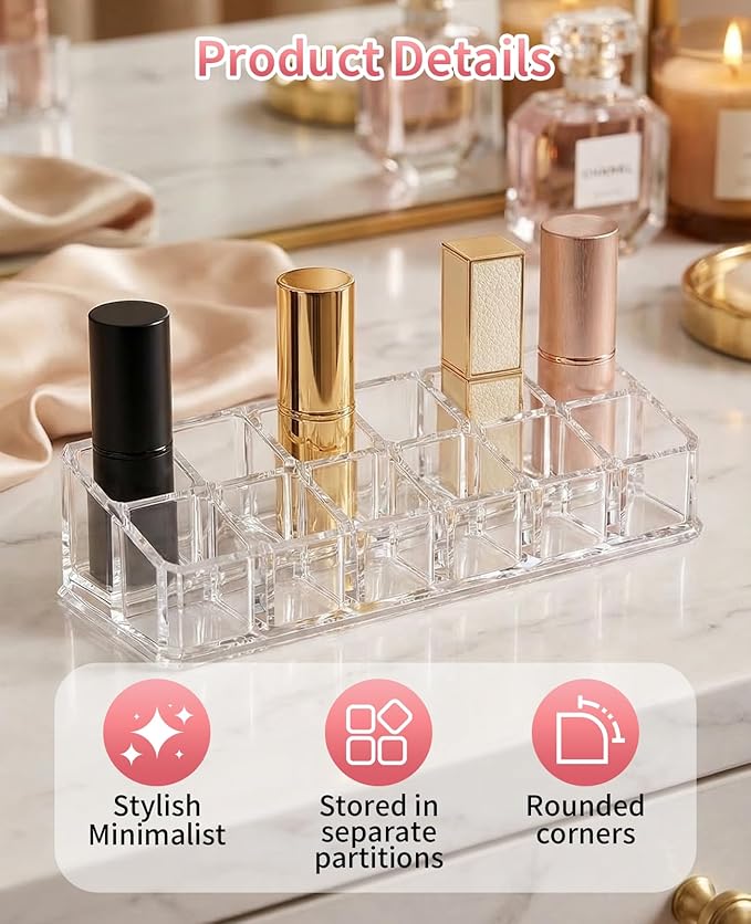 2 Pack 12 Slot Clear Acrylic Lipstick Organizer, Lip Stick Gloss Holder for Drawer
