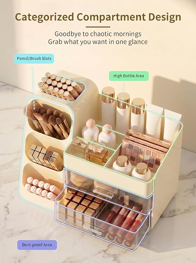 Booklov Makeup Organizer for Vanity, Large Capacity Cosmetic Display Case with Clear Acrylic Drawer, Countertop Beauty Storage Holder for Skincare, Brush Eyeshadow Lipstick Counter Desk, Crystal Cream