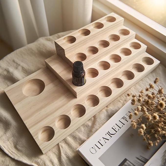 Wooden Essential Oil Rack 4 Tier Essential Oil Holder Shelves for Oil Solid Wood Essential Oil Organizer 25-Bottle Essential Oil Display Stand Tabletop Storage Rack for 5-20ml Bottles