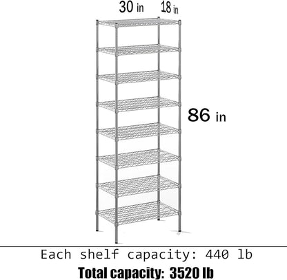 18" Deep x 30" Wide x 86" Height Wire Shelving Kit | 8-Tier | NSF Commercial Storage Rack Unit