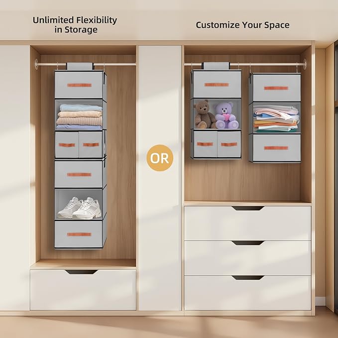 Hanging Closet Organizer 6-Shelf, Upgrade Closet Organizers and Storage with 5 Removable Drawers & 4 Side Pockets, Hanging Shelf Organizer for Bedroom or Garment Rack, 12.6'' x 12.6'' x 44.1'', Gray