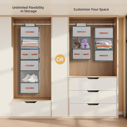 Hanging Closet Organizer 6-Shelf, Upgrade Closet Organizers and Storage with 5 Removable Drawers & 4 Side Pockets, Hanging Shelf Organizer for Bedroom or Garment Rack, 12.6'' x 12.6'' x 44.1'', Gray