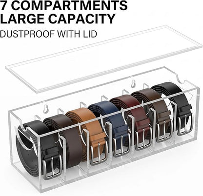 Acrylic Belt Organizer with Dust Cover – Clear Belt Storage Box for Closet or Drawer, Belt and Tie Display Holder Case with 7 Compartments for Men and Women