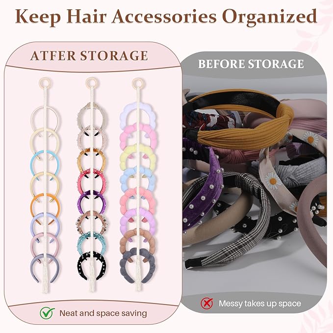 3 PCS Headband Holder Organizer for Girl,Hanging Hairband Storage for Women,Beige Hair Hoop Display Hair Accessories Organizer Bedroom College Dorm Decor(Beige Beads)