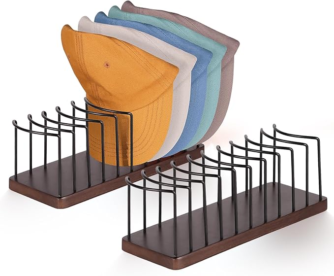 Hat Organizer for Baseball Caps, Wooden Tabletop Hat Rack Holder for 10 Hats Hat Display Stand for Closet Organizers and Storage Brown 2 Pack