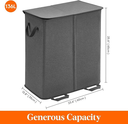 Lifewit Double Laundry Hamper with Lid and Removable Laundry Bags, Large Collapsible 2 Dividers Dirty Clothes Basket with Handles for Bedroom Laundry Room Closet Bathroom College, 136L Black