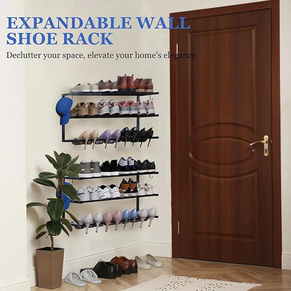 Wall Mounted Shoe Rack, 3 Tier Hanging Shoe Rack Holds 12 Pairs, 17"-30" Adjustable Heavy Duty Metal Shoe Organizer Holder with 2 Storage Hooks, Space Saving for Closet Entryway Doorway（Black