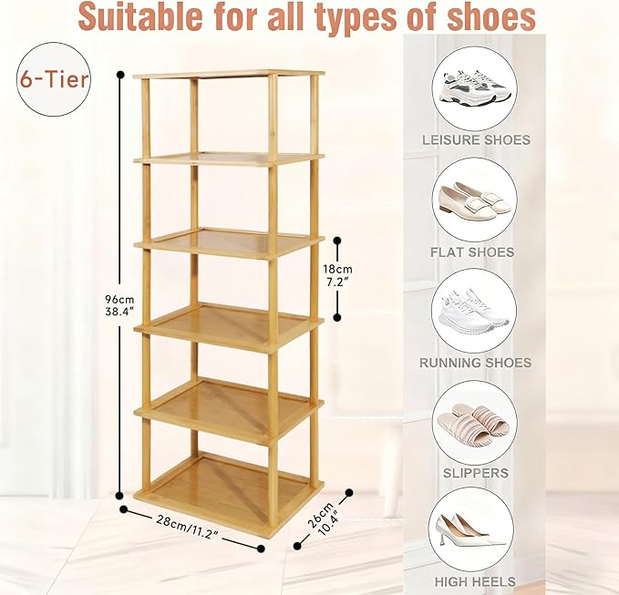 Aniston 6 Tier Small Shoe Rack Bamboo, Free Standing Slim Narrow Shoe Storage, Vertical Tall Shoe Shelf Organiser for Garage, Closet, Doorway, Corner, Living Room Small Spaces