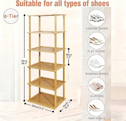 Aniston 6 Tier Small Shoe Rack Bamboo, Free Standing Slim Narrow Shoe Storage, Vertical Tall Shoe Shelf Organiser for Garage, Closet, Doorway, Corner, Living Room Small Spaces