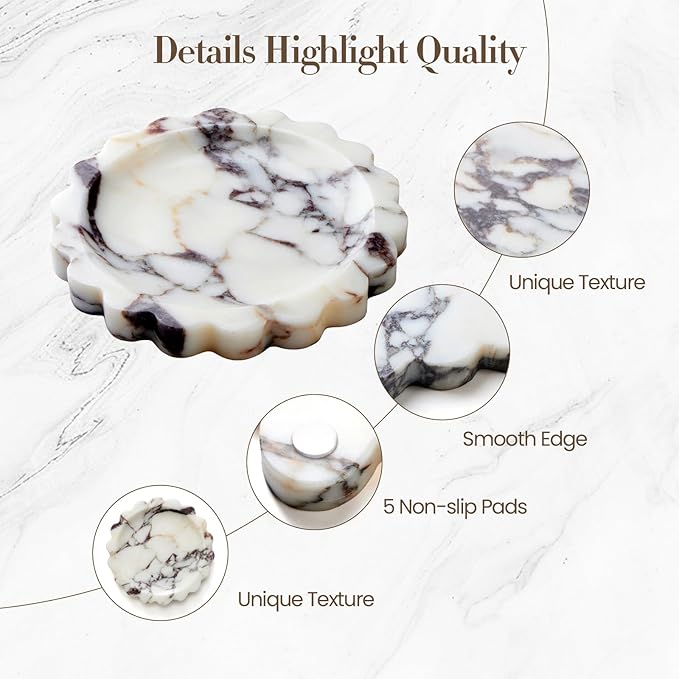 SAMAH Calacatta Viola Natural Marble Tray, Scalloped Bathroom Tray, Decorative Tray for Vanity, Dresser, Kitchen & Home Decor, Teacher Appreciation Gifts, House Warming Gifts New Home(Round)