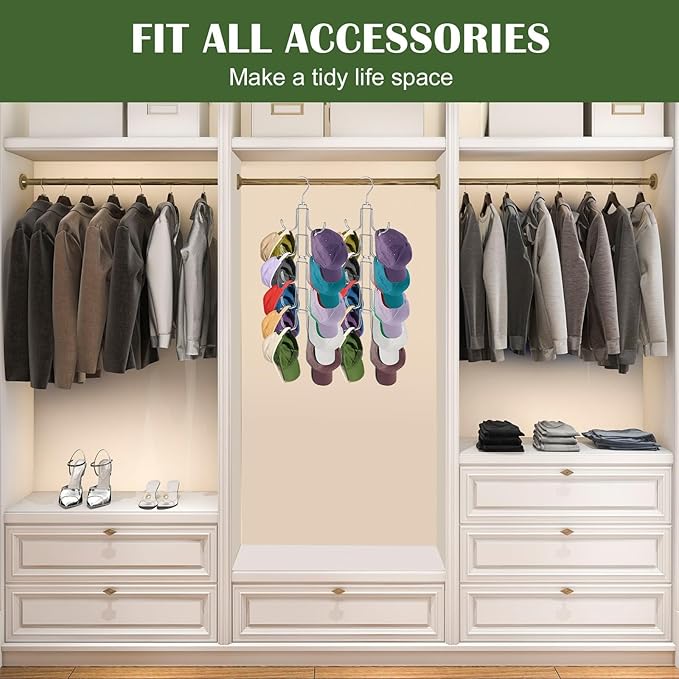 Hat Organizer for Closet, Rotatable Metal Caps Rack with 10 Large Hooks for Display, Holds Up to 40 Baseball Caps, Collapsible Hat Hanger for Closet, Dorm Room Organizers and Storage, White