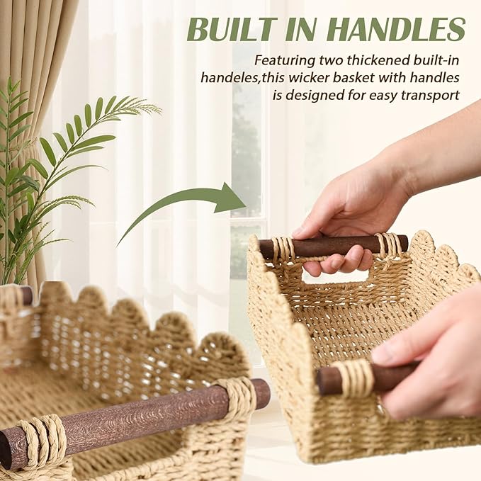 Cute Scalloped Basket, Handwoven Toilet Paper Storage with Built-in Handles, Wicker Basket for Organizing, Decoration and Home(Set of 2)