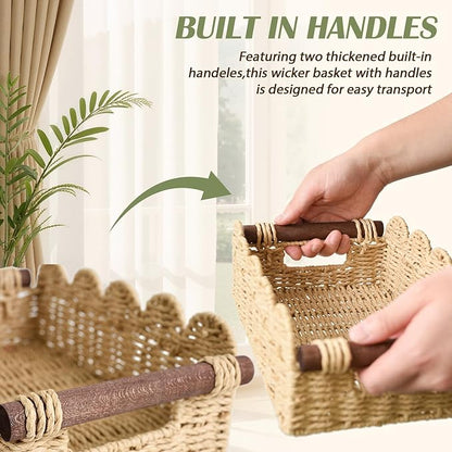 Cute Scalloped Basket, Handwoven Toilet Paper Storage with Built-in Handles, Wicker Basket for Organizing, Decoration and Home(Set of 2)