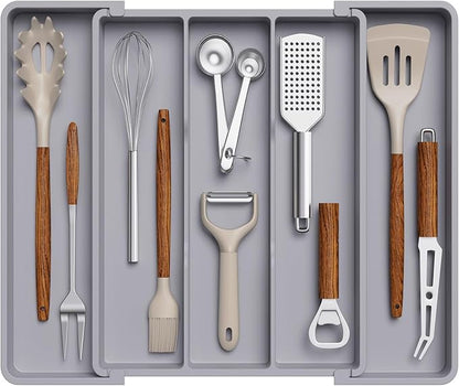 Lifewit Utensil Organizer for Kitchen Drawers, Expandable Cooking Utensil Tray, Adjustable Cutlery Silverware Flatware Holder, Plastic Spatula Tools Storage Divider, 11-18 x 14", Gray
