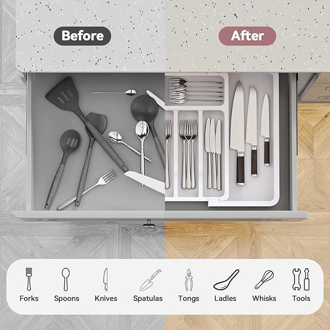 ABHENG Silverware Organizer, Expandable and Adjustable Kitchen Utensil Drawer Organizer, Plastic Cutlery Holder with Multiple Compartments, Cutlery Holder,for Spoons Forks Knives, White, UAFD011W