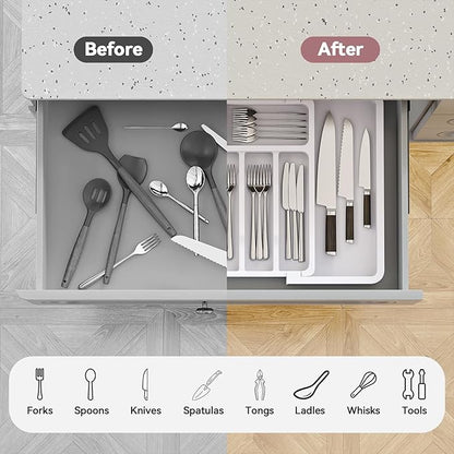 ABHENG Silverware Organizer, Expandable and Adjustable Kitchen Utensil Drawer Organizer, Plastic Cutlery Holder with Multiple Compartments, Cutlery Holder,for Spoons Forks Knives, White, UAFD011W