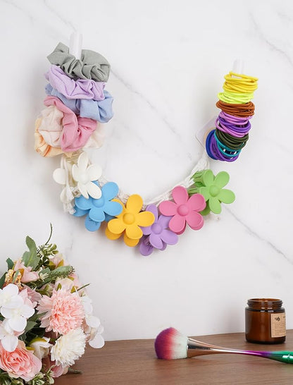 NiHome Wall-Mounted Hair Accessory Organizer Set, 4 Hair Tie Holders and 2 Claw Clip Organizers, Hand-Woven Cotton Rope, Space-Saving Storage, Easy Installation, Ideal Gift for Women (Bohemian Style)