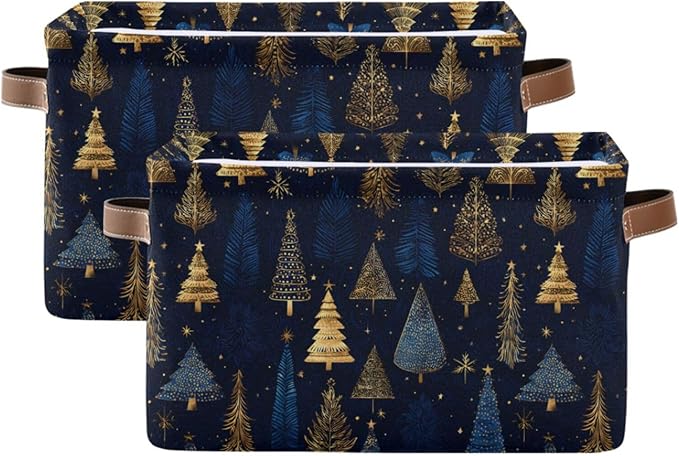 Large Storage Basket Gold Blue Christmas Trees Storage Bin Cube Canvas Fabric Organizer Handles Collapsible for Clothes Toys Bedroom Decorative