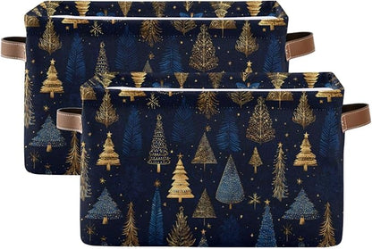 Large Storage Basket Gold Blue Christmas Trees Storage Bin Cube Canvas Fabric Organizer Handles Collapsible for Clothes Toys Bedroom Decorative