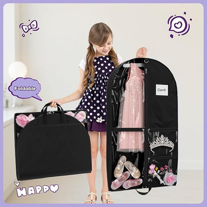 Dance Garment Bags for Dancers, 40" Garment Bags for Hanging Clothes with 3 Clear Zipper Pockets, Cheer Uniform Garment Bag for Suits, Travel & Sports Jersey, Cheer Uniform (Black, 1Pack 40")