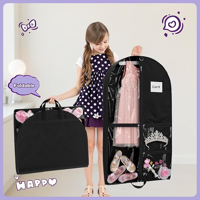 2Pack Dance Garment Bags for Dancers, 40" Garment Bags for Hanging Clothes with 3 Clear Zipper Pockets, Cheer Uniform Garment Bag for Suits, Travel & Sports Jersey, Cheer Uniform(Black, 2Pack 40")