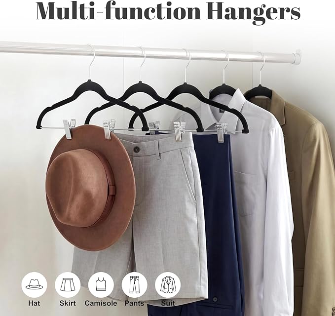 HOUSE DAY Velvet Skirt Hangers 24 Pack, Black Velvet Pant Hangers with Adjustable Clips, Space Saving Slim Shorts Hanger, Heavy Duty Non Slip Clip Hanger for Pants, Skirts, Shorts