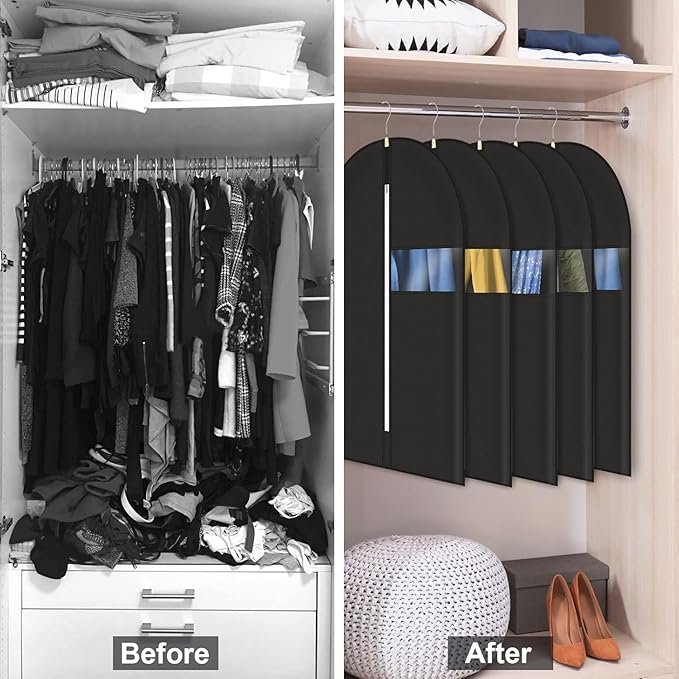 40" Garment Bag, Set of 5 Garment Bags for Hanging Clothes, Suit Garment Bag for Men, Suit Cover Bags with Clear Window for Storage Shirt, Jacket, Coat, Sweater, 5 Pack (Black)