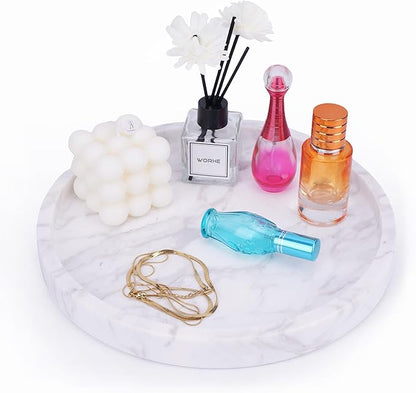 Natural Marble Decorative Tray for Bathroom Bedroom Kitchen Dresser, Large 10.6" Round Vanity Trays for Jewelry, Perfume, Cosmetic, Candle, Countertop Storage Organizer for Home Decor (WH037)