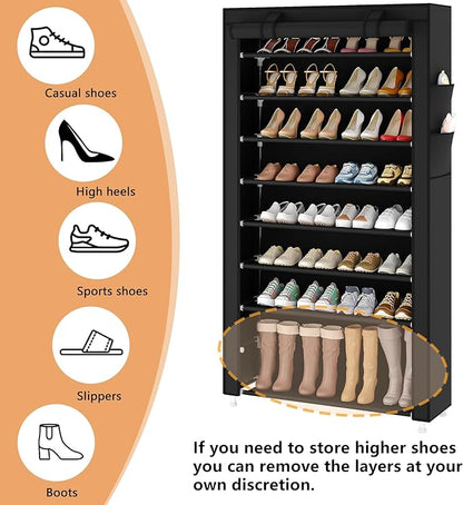 Laiensia 9-Tier Vertical Shoe Rack Organizer, Space Saving Shoe Storage Organizer, Non-Woven Cover Shoe Shelf Holds 36-45 Pairs for Bedroom, Hallway, Closet Entryway, Black