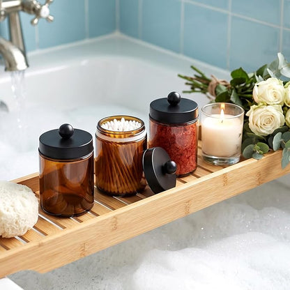 Accguan Amber Apothecary Jars Bathroom Vanity Storage Organizer Set, 6 Pack with Black Stainless Steel Lids and Labels, Qtip Dispenser Holder for Cotton Swabs, Cotton Balls, Makeup Sponges