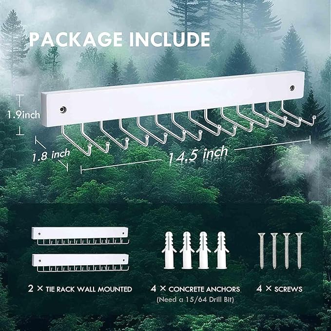 2Pack Tie Rack Wall Mounted, Wooden Tie Hanger Tie Organizer for Men with 28 Folding Hooks, Space Saving Tie Holder and Belt Rack for Closet, White