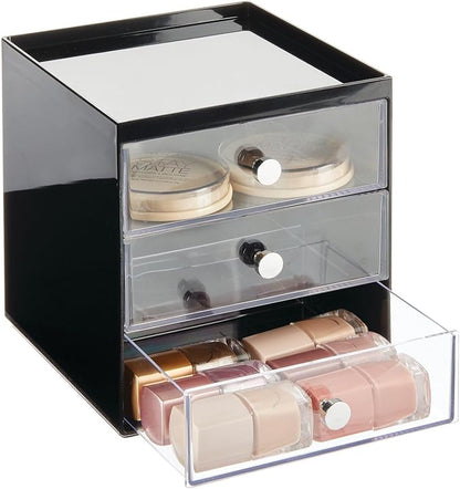 mDesign Makeup Organizer Storage Station Cube with 3 Drawers for Bathroom Vanity, Cabinet, Countertops - Holds Lip Gloss, Eyeshadow Palettes, Brushes, Blush, Mascara - Black/Clear