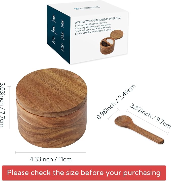KITCHENDAO Acacia Wood Salt and Pepper Bowl Box, Built-in Spoon, Two Compartments Spice Seasoning Container, Sea Salt Cellar Holder, Magnetic Swivel Lid, Dual 5oz Capacity