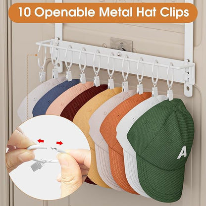 3 Tier Over Door Hat Rack with Basket,Hat Organizer for Baseball Cap with 18 Hooks and 10 Movable Clips,Hat Hanger Storage Holds up to 30+ Caps for Door, Bedroom, Closet (White)