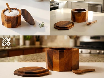 ARANYA Wooden Pepper and Salt Cellar with Lid and Spoon Set Keeper Two Compartments Spice Seasoning Wood 7oz. Container for Countertop Kitchen Storage Sea Salt Box Holder with Anti-Slip Feet Slip